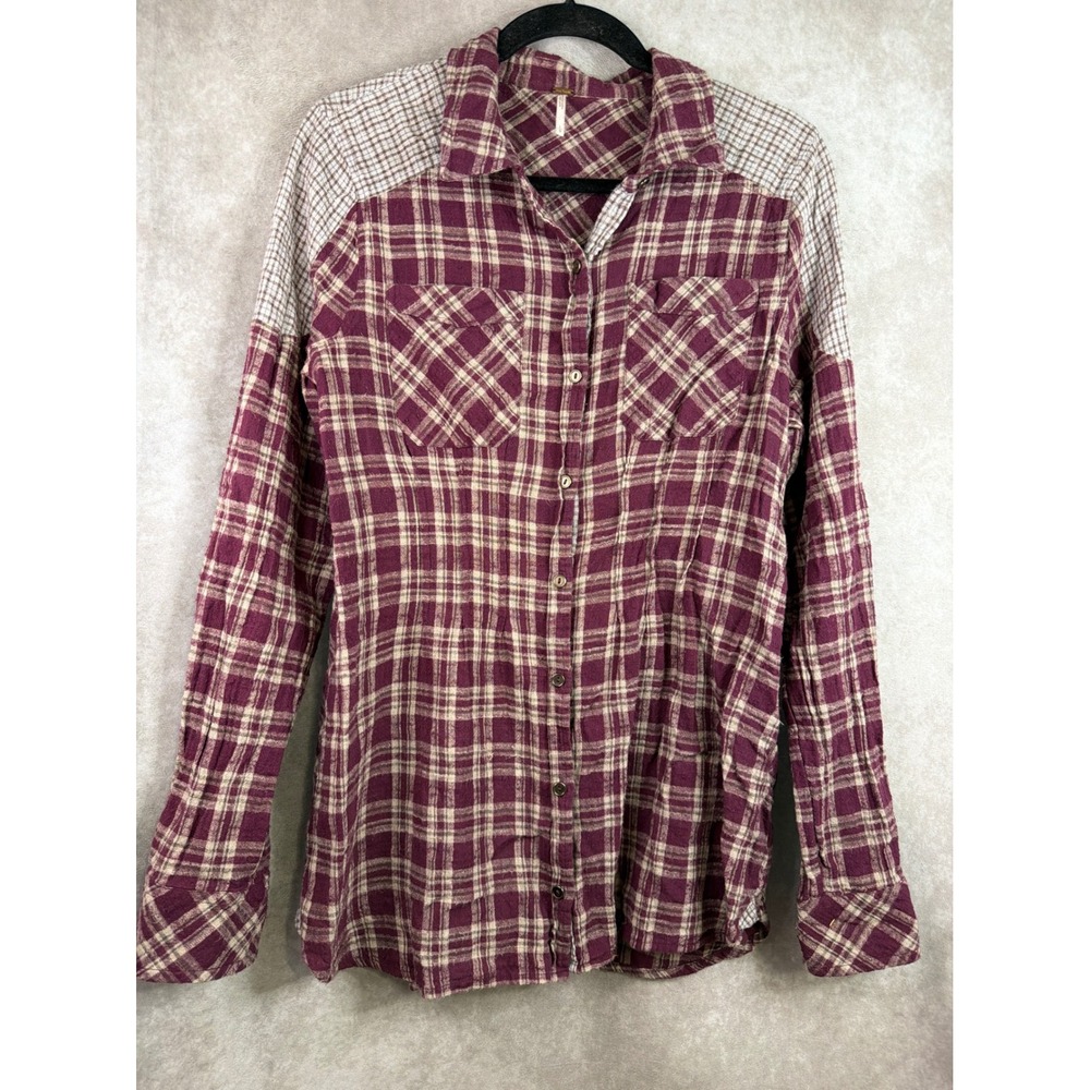 Free People Plaid Button Down Large Burgundy Mixed Print Cotton Shirt Grunge